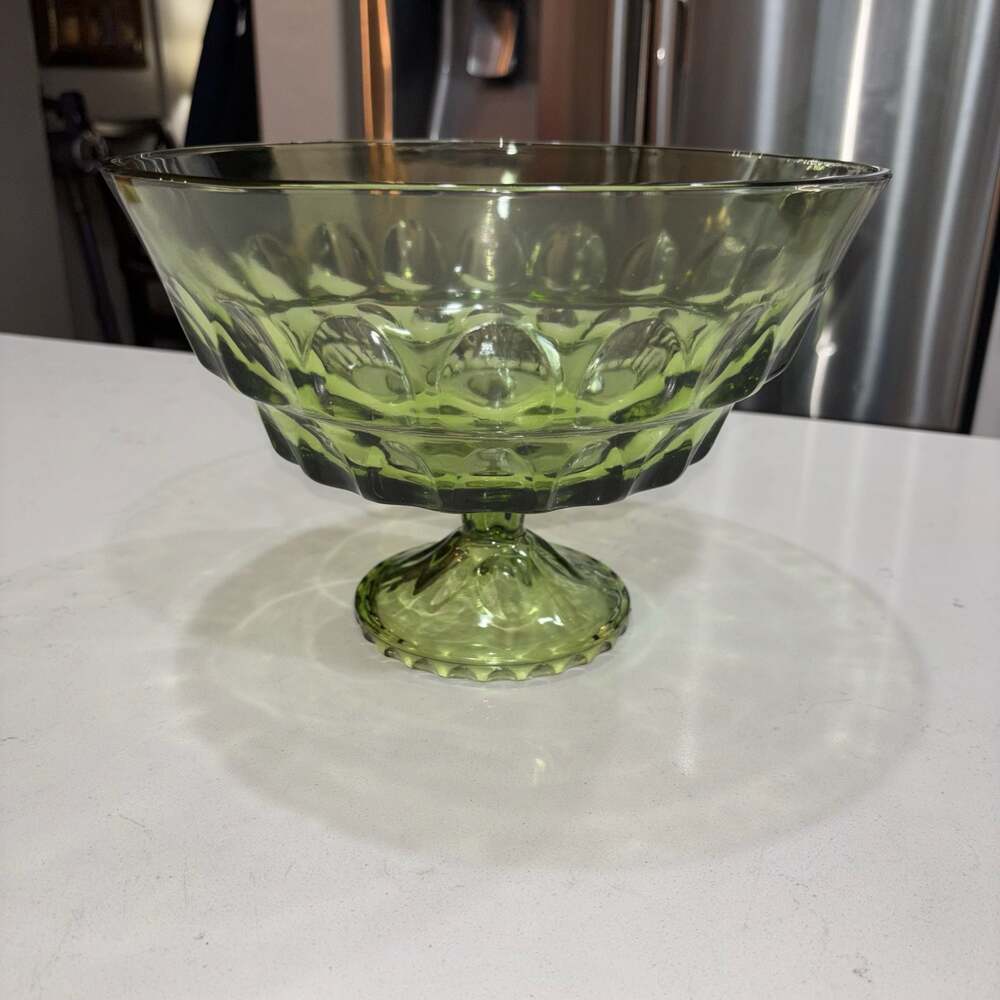 Vintage Hazel Atlas Olive Green Thumbprint Pedestal Compote Bowl